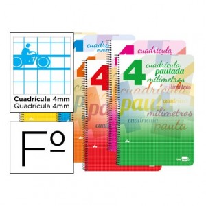 Bloc espiral liderpapel folio pautaguia tapa cartoncillo 80h80 g cuadriculado pautado 4mm colores surtidos