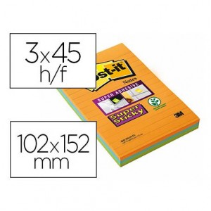Post it ® Bloc de notas adhesivas Super sticky quita y pon 102x152 mm Neon rayado Pack de 3 unidades naranja azul verde