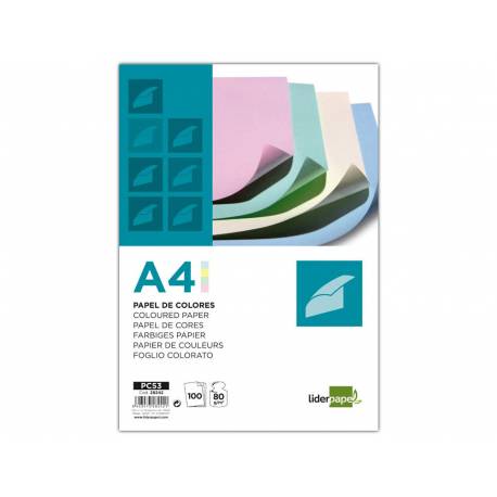 Papel color Liderpapel tamaño A4 80 g/m2 pack 100 hojas Colores Surtidos